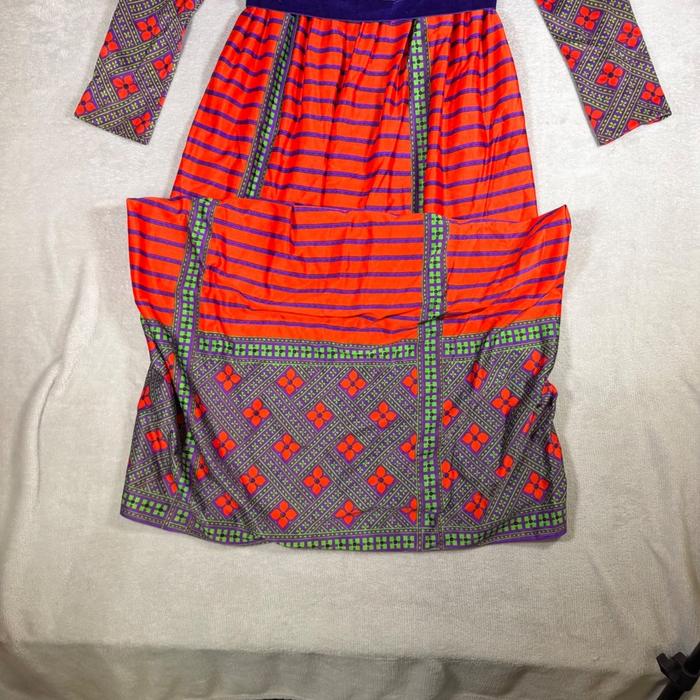Vintage Eyeful Maxi Dress Psychedelic Floral Geometric Orange Purple ILGWU 8 - Picture 2 of 8